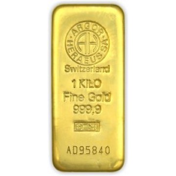 Argor Heraeus Gold Bar 1kg Front (With Certificate)
